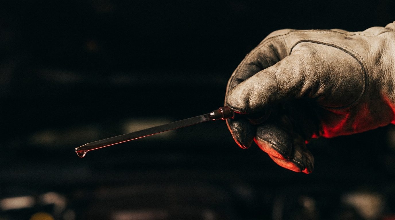A gloved hand holding a transmission dipstick catching warm red rim light against a dark garage background, no visible text or branding