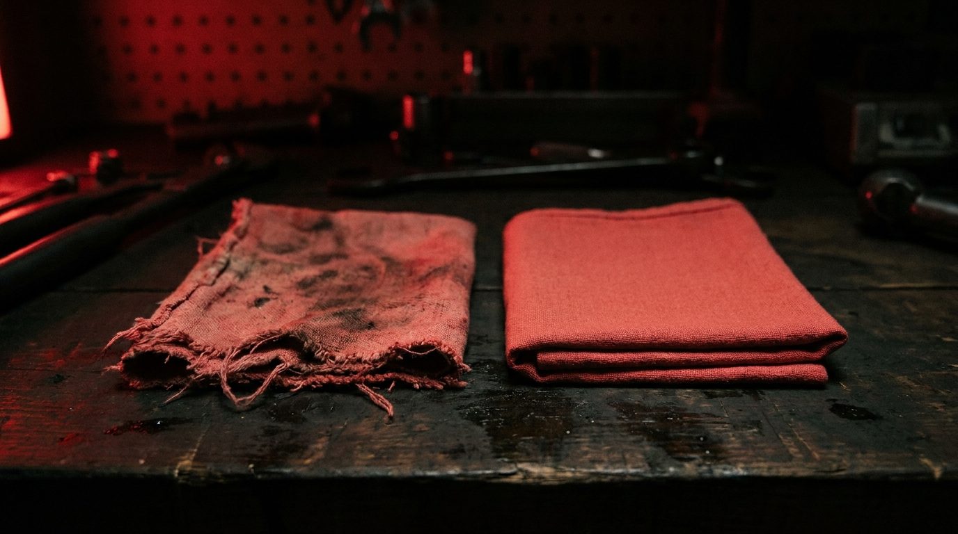 Two folded red shop rags side by side on a dark workbench, one worn, stained, and clearly used often, the other still crisp and unused