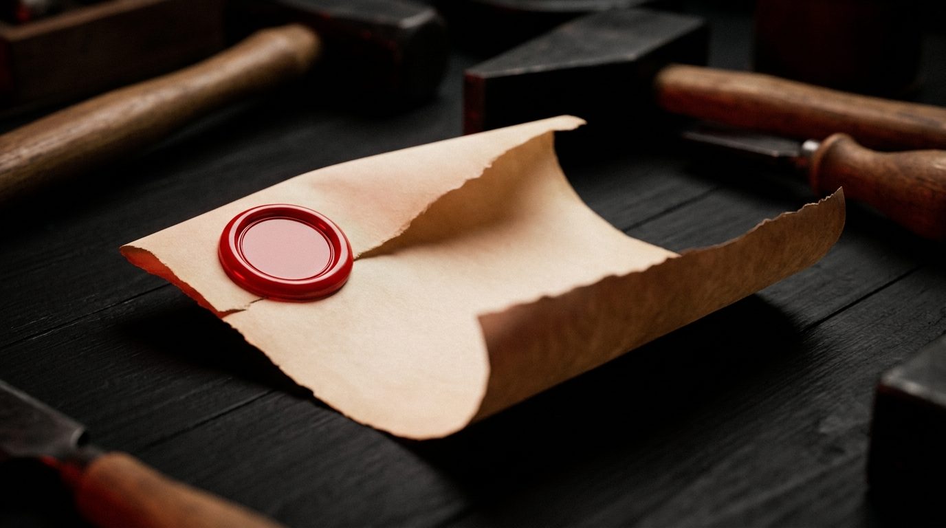 A solid red wax seal stamp pressed firmly onto a service invoice on a dark workbench