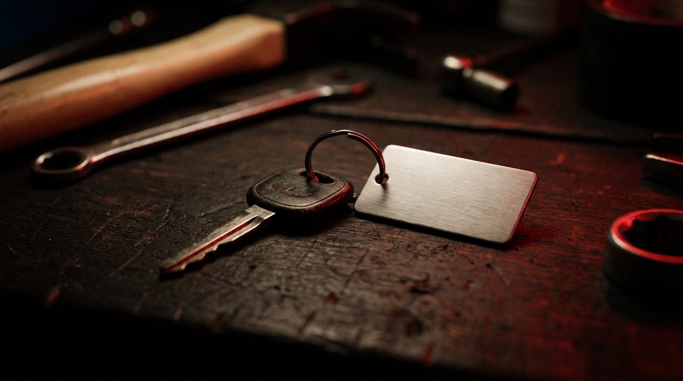 A blank metal tag attached to a car key resting on a dark counter under warm red rim light