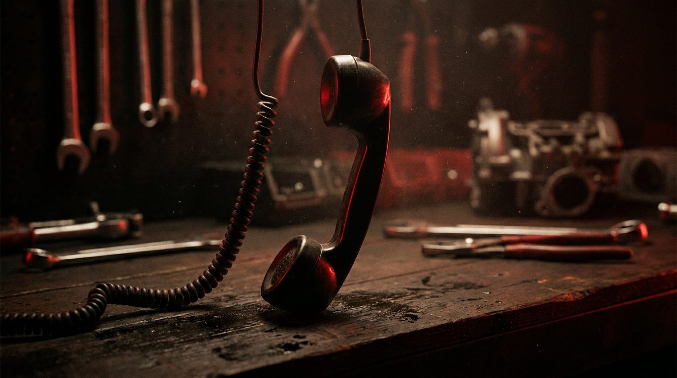 A vintage phone receiver left off the hook on a dark auto shop workbench, dust suspended in red rim light