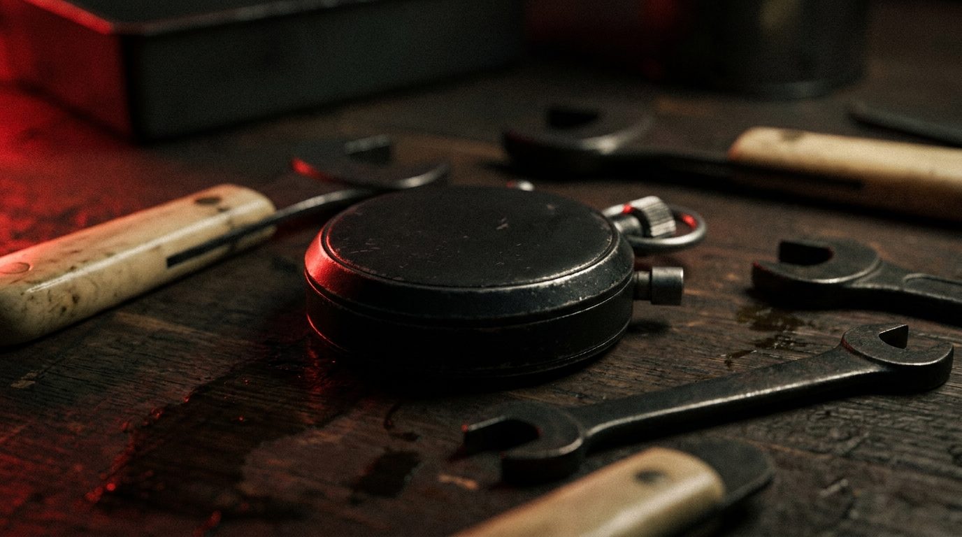 A stopwatch resting on a dark workbench beside scattered tools, lit by dramatic red rim light