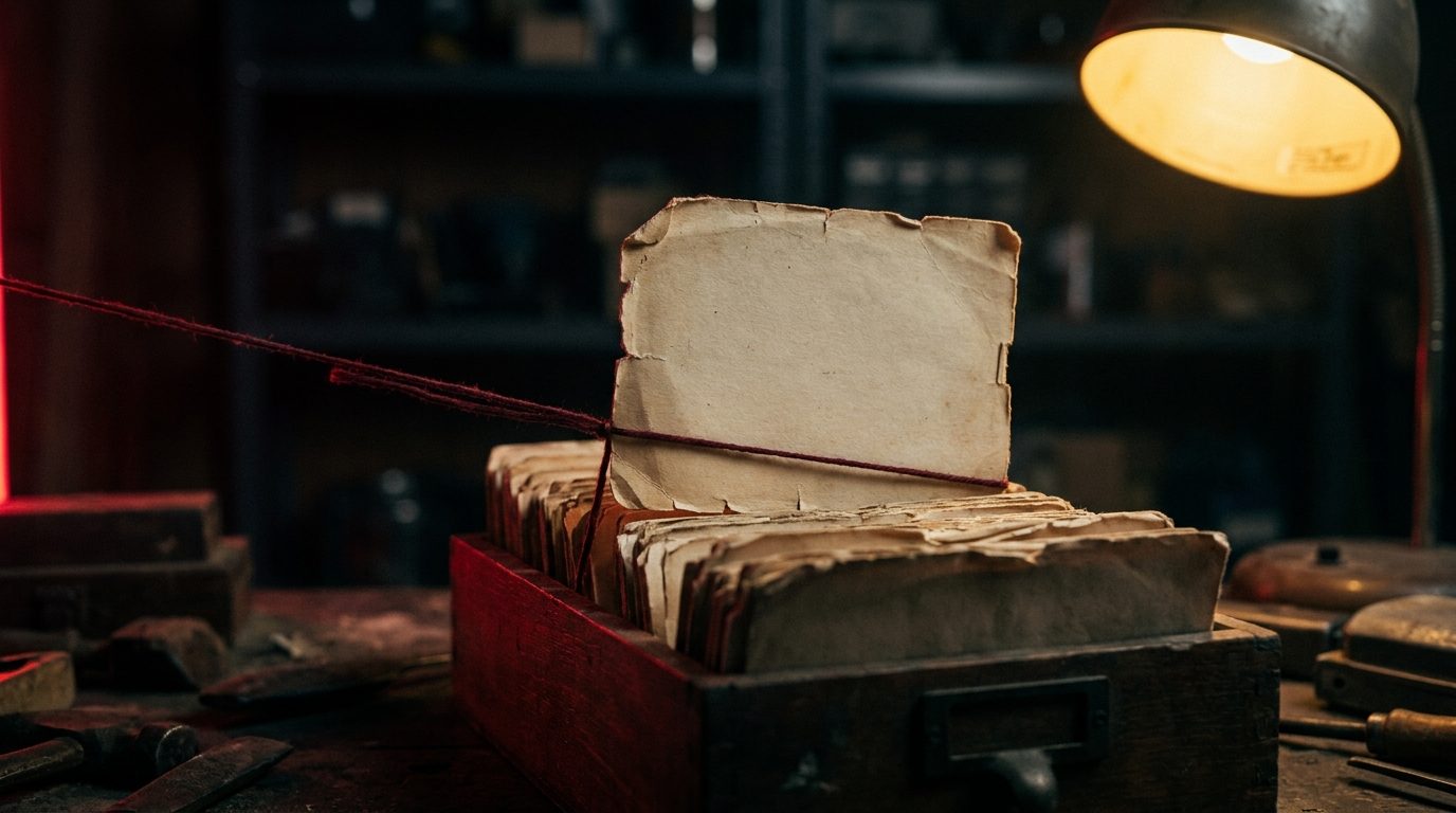 A single worn index card in an old wooden filing box on a dark workbench under warm lamp light, a thin red string tied to the card leading out of frame