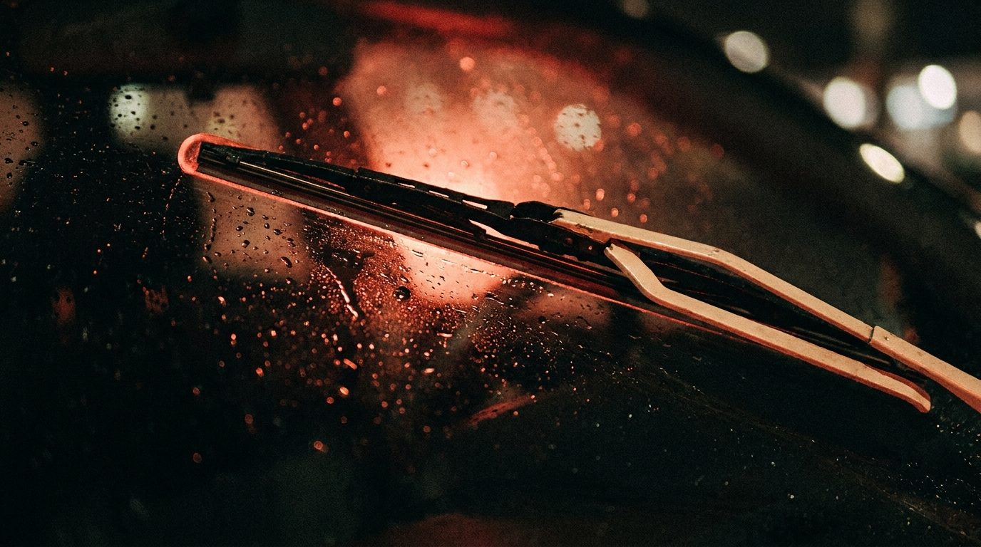 Single windshield wiper blade lifted off dark wet glass, red rim light catching rain droplets
