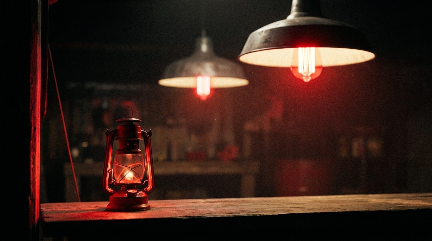 A single small red lantern glowing on a dark workbench beside two much larger, brighter overhead shop lights further back, no text or logos visible, shallow depth of field, film grain