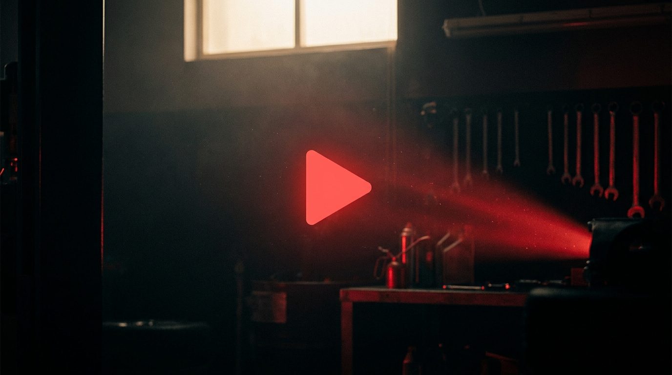 A single glowing red play button suspended in a dark garage like a projector beam, no text or logos visible, shallow depth of field, film grain