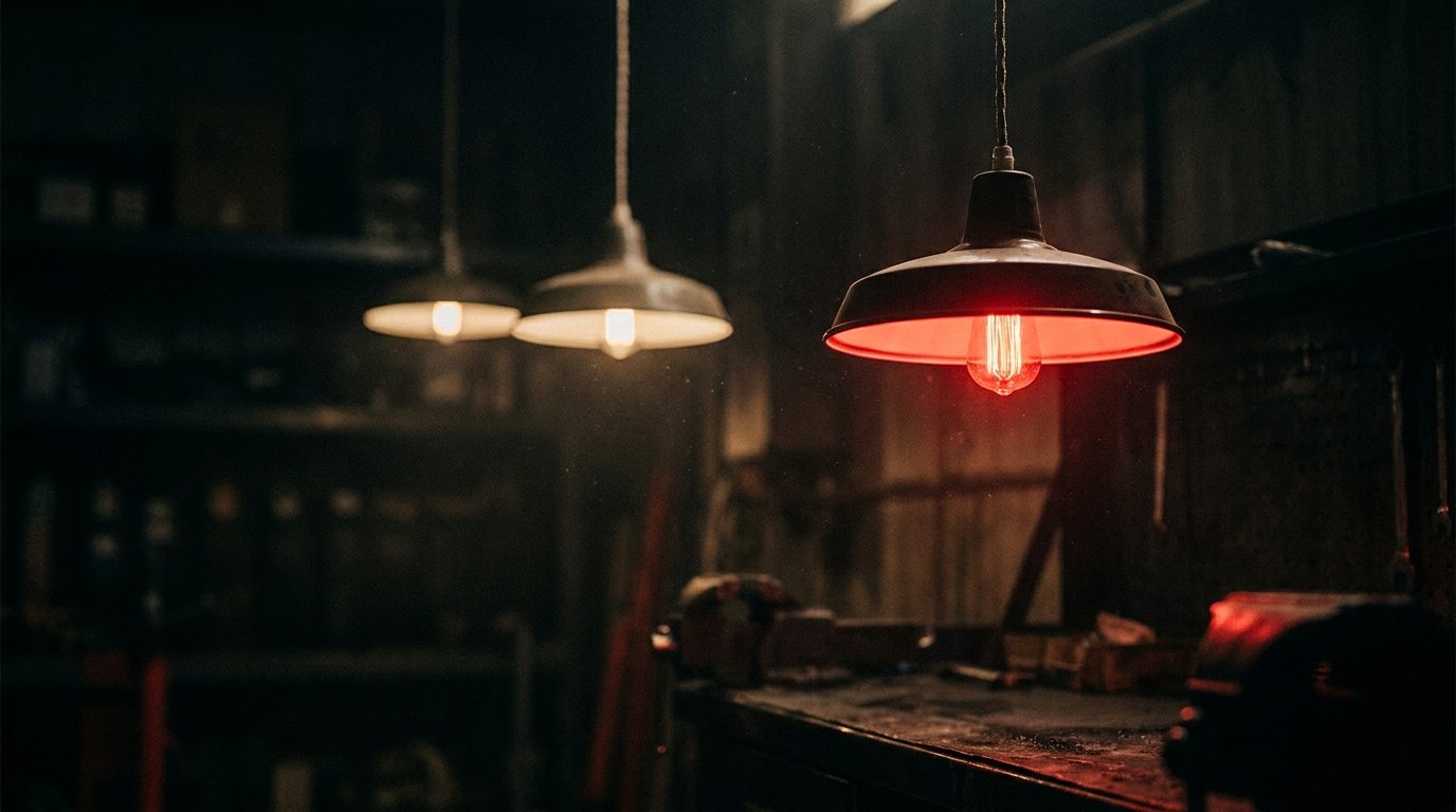 Three pendant garage lights hanging in a dark repair bay, one glowing bright red close to the camera and two dimmer further back, shallow depth of field, no text or logos